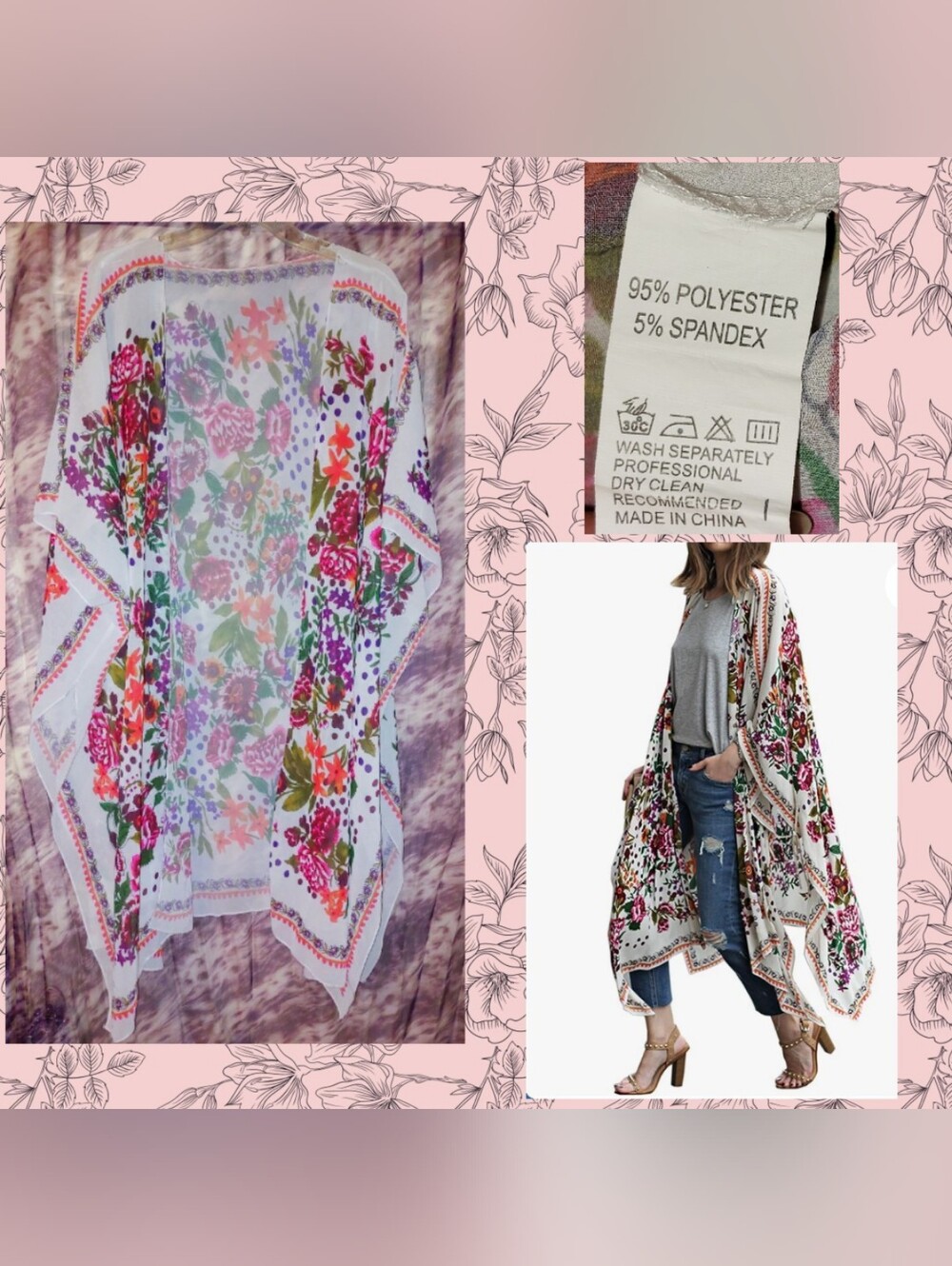 Wht/Multiclr Floral & Striped Prints Oversized Chiffon Woven Cover-Up 1 Sz Plus